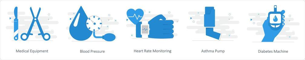 uma conjunto do 5 misturar ícones Como médico equipamento, sangue pressão, coração taxa monitoramento vetor