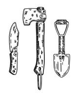 esboços do acampamento equipamento, caminhada ferramentas. conjunto do pá, faca, Machado. mão desenhado vetor ilustrações isolado em branco.