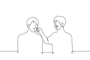 homem agarrou dele amigo de a bochecha e sorrisos - 1 linha desenhando vetor. conceito para estar tocou de alguém, ter diversão, pitada em a bochecha vetor