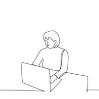 mulher trabalhando em computador portátil - 1 linha desenhando vetor. conceito trabalhador autonomo vetor