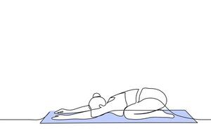 mulher deitado em esteira dentro ioga pose alongamento dela costas - 1 linha desenhando vetor. conceito alongamento dentro criança exercício vetor