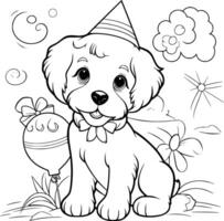 fofa cachorro aniversário coloração Páginas desenhando para crianças vetor