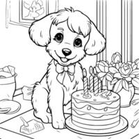 fofa cachorro aniversário coloração Páginas desenhando para crianças vetor