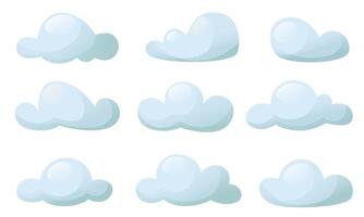 uma conjunto do volumétrico desenho animado nuvens. azul nuvens em uma branco plano de fundo.nublado clima símbolo. vetor ilustração, clipart.