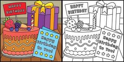 aniversário bolo, cartão e presente ilustração vetor