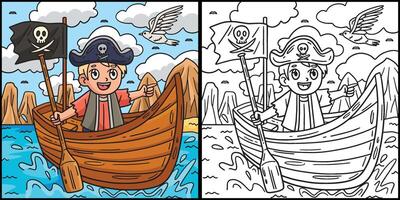 pirata dentro uma barco a remo coloração colori ilustração vetor