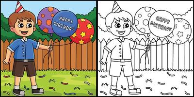 Garoto com feliz aniversário balões ilustração vetor