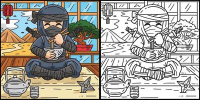 ninja comendo ramen coloração página ilustração vetor