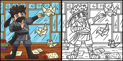 ninja com origami coloração colori ilustração vetor