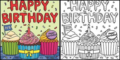 feliz aniversário bolos de copo coloração página ilustração vetor