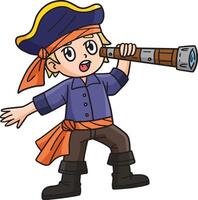 pirata olhando através telescópio desenho animado clipart vetor