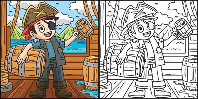 pirata com uma barril do rum coloração ilustração vetor