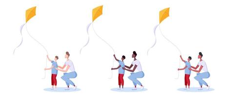 pai e criança mosca uma pipa. jogando dentro a ar livre. conjunto do pessoas e crianças dentro diferente etnias jogando com vento brinquedo. plano estilo vetor ilustração.