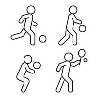 esporte com bola, linha ícone definir. pessoas jogar dentro basquetebol, futebol, futebol, tênis, voleibol. jogador chutes bola. vetor ilustração