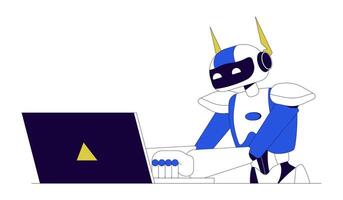 artificial inteligência às computador portátil 2d linear desenho animado personagem. robô trabalhando em computador isolado linha vetor personagem branco fundo. grande dados e robótica tecnologia cor plano local ilustração