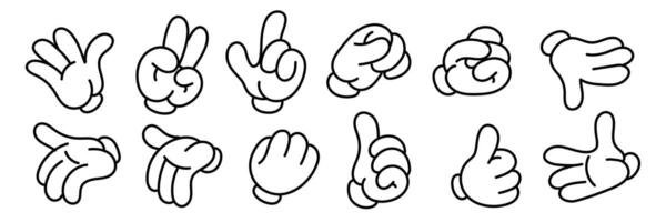 uma conjunto do retro com luva mãos. uma elegante conjunto do à moda desenho animado mãos mostrando vários gestos. brinquedo com luva mãos dois dedos, três dedos, polegares acima, legal. engraçado ponteiros ou ícones vetor