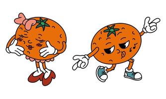 retro par do groovy laranja frutas. emocional adesivos com engraçado quadrinho livro personagens, com luva mãos, uma Garoto e uma garota. laranjas com emoções em seus face. legal frutas. engraçado ano de 2k, anos 70, anos 60, retro vetor