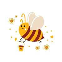 ilustração do abelha com balde do querida vôo contra fundo do margaridas e corações ilustração para a local na rede Internet, crianças projeto, impressão e embalagem do querida produtos, bandeiras, coágulo vetor