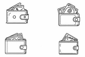 couro carteira com moedas e dinheiro conjunto esboço vetor ilustração em branco fundo