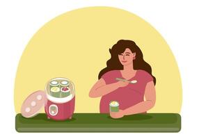 grávida jovem mulher come caseiro fruta coalhada iogurte. uma jovem mulher senta às a mesa e tem café da manhã, Próximo para a elétrico iogurte criador. maternidade, gravidez, saudável comendo, natural vitaminas. vetor