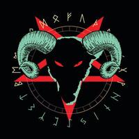 camiseta Projeto do uma bode cabeça ao longo com uma demoníaco vermelho Estrela e a alfabeto do runas. vetor