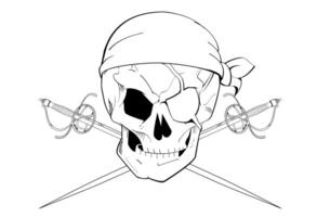 pirata crânio camiseta Projeto com a olho fragmento e dois cruzado espadas. monocromático ilustração para tatuagens. vetor