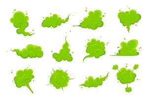 cheirando verde desenho animado fumaça ou peidar nuvens plano estilo Projeto vetor ilustração definir. mau fedor ou tóxico aroma desenho animado fumaça nuvem isolado em branco fundo.