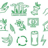 ecologia desatado padronizar. desenhado à mão rabisco vetor ilustração. ecologia problema, reciclando e verde energia ícones. de Meio Ambiente símbolos.