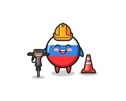 mascote do trabalhador rodoviário da bandeira da Rússia segurando uma máquina de perfuração vetor