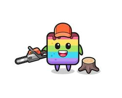 personagem lenhador de bolo arco-íris segurando uma serra elétrica vetor