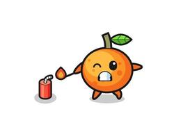 ilustração do mascote da laranja mandarim jogando fogos de artifício vetor