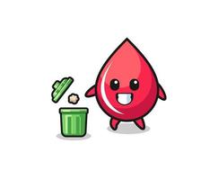 ilustração da gota de sangue jogando lixo na lata de lixo vetor