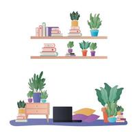 almofadas para laptop, plantas e livros, desenho vetorial vetor