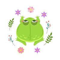 fofa verde rã cercado de Primavera flores kawaii personagem dentro desenho animado estilo topo visualizar. ilustração isolado em branco fundo. vetor
