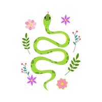 fofa verde serpente cercado de Primavera flores kawaii personagem dentro desenho animado estilo topo visualizar. ilustração isolado em branco fundo. vetor