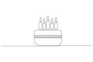 contínuo 1 linha arte desenhando do aniversário bolo com creme, vela aniversário festa símbolo do celebração vetor