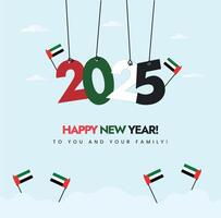 feliz Novo ano dentro dubai, abu dhabi, eua bandeira. 2025 bandeira. 2025 Novo ano poster com Unidos árabe Emirados cores verde, vermelho, branco. eua bandeiras a comemorar Novo ano 2025, 2026. 2027. Novo ano vetor