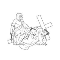 3º estação do a Cruz Jesus Cristo cai para a primeiro Tempo vetor ilustração monocromático esboço