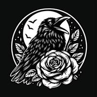 Corvo cabeça com rosa flor grunge vintage estilo mão desenhado ilustração Preto e branco vetor