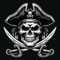 Sombrio arte piratas crânio cabeça com chapéu piratas Preto e branco ilustração vetor