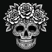 Sombrio arte crânio cabeça com flor Preto e branco ilustração vetor