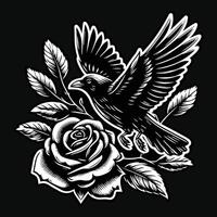 Corvo ficar de pé com rosa flor grunge vintage estilo mão desenhado ilustração Preto e branco vetor