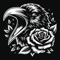 Corvo cabeça com rosa flor grunge vintage estilo mão desenhado ilustração Preto e branco vetor