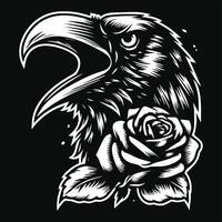 Corvo cabeça com rosa flor grunge vintage estilo mão desenhado ilustração Preto e branco vetor