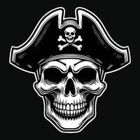 Sombrio arte piratas crânio cabeça com chapéu piratas Preto e branco ilustração vetor