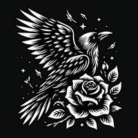 Corvo ficar de pé com rosa flor grunge vintage estilo mão desenhado ilustração Preto e branco vetor