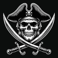 Sombrio arte piratas crânio cabeça com chapéu piratas Preto e branco ilustração vetor