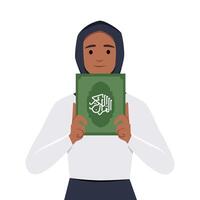 lindo muçulmano mulher vestindo uma hijab segurando uma livro. vetor