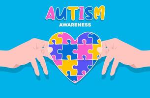 mão segurando colorida coração enigma vetor Projeto placa. símbolo do autismo. mundo autismo consciência dia.