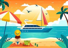 iates vetor ilustração com balsas carga barcos e navio barco a vela do água transporte às a de praia dentro pôr do sol plano desenho animado fundo